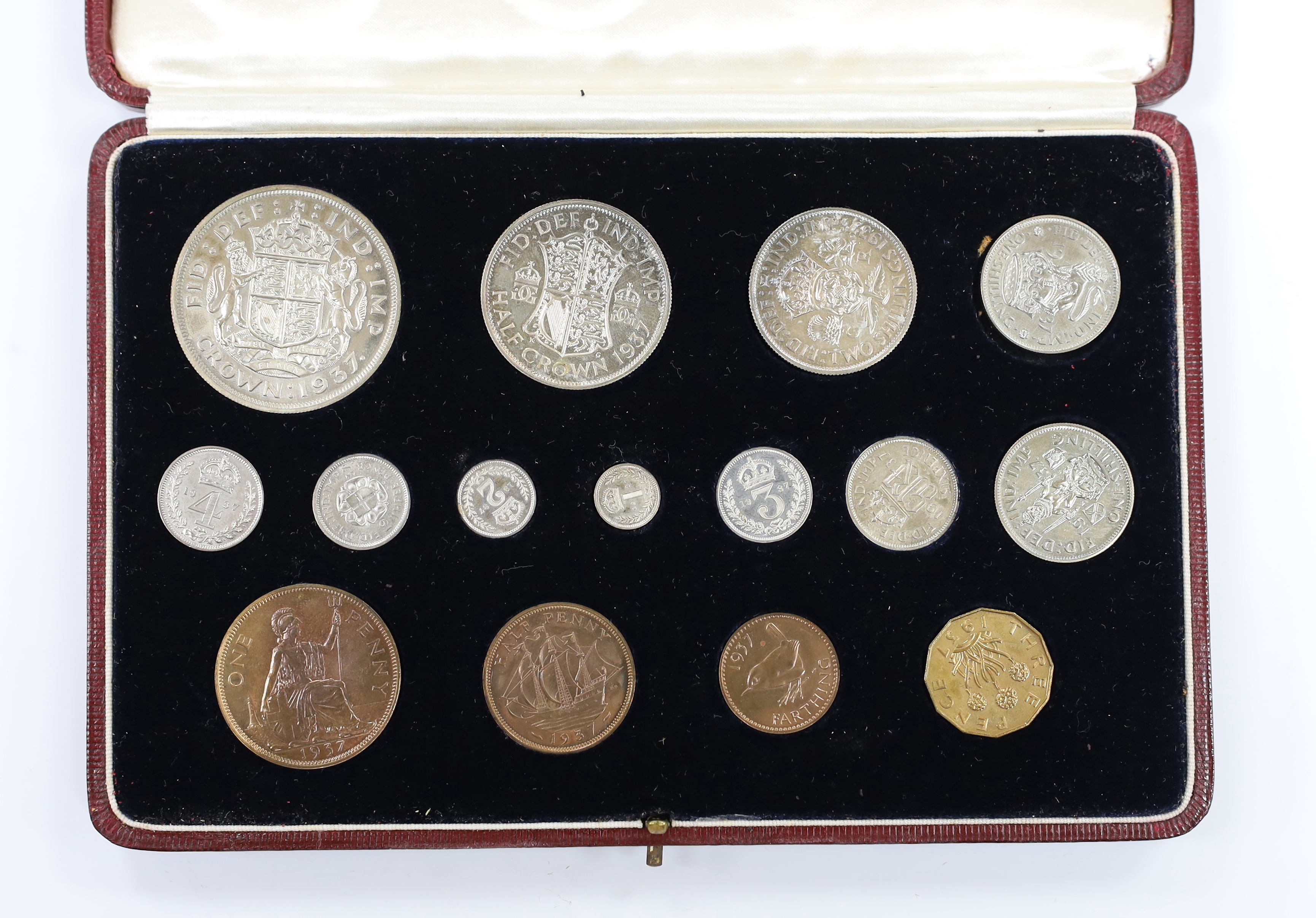 British coins, George VI coronation specimen coin set 1937, aFDC, maundy 1d to 4d and farthing to crown, in original Royal Mint case